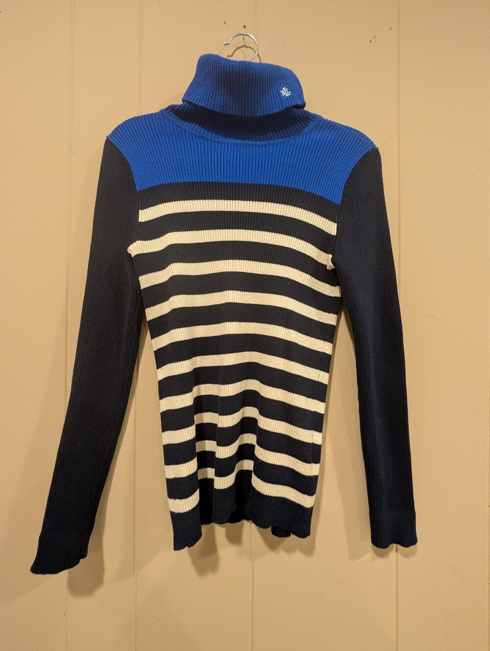 Ralph Lauren Women's Blue & Navy Striped Turtleneck Sweater